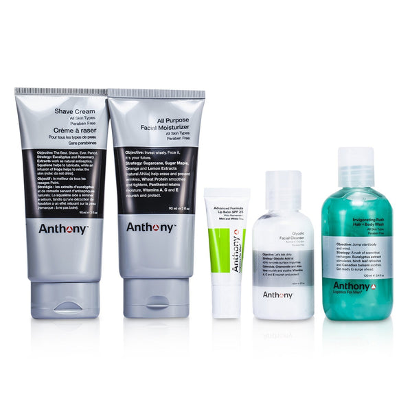 Anthony Logistics For Men The Essential Traveler Kit:  Cleanser + Mositurizer + Lip Blam + Shave Cream + Hair & Body Wash 