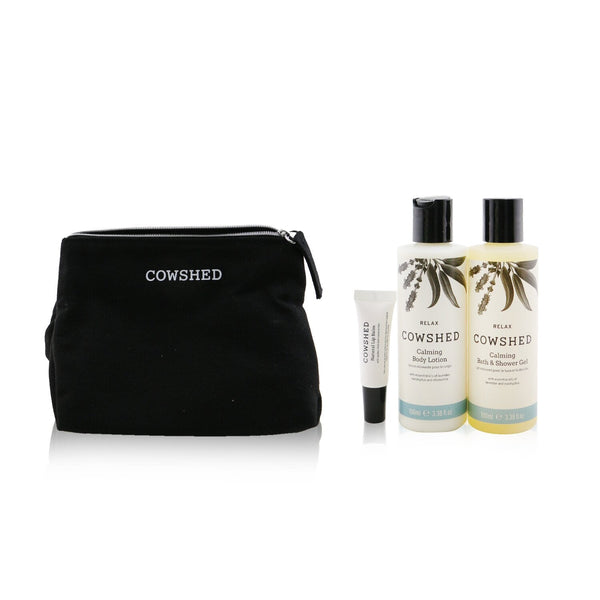 Cowshed Relax Calming Essentials Set: Natural Lip Balm 5ml+ Bath & Shower Gel 100ml+ Body Lotion 100ml+ Bag  3pcs+1bag