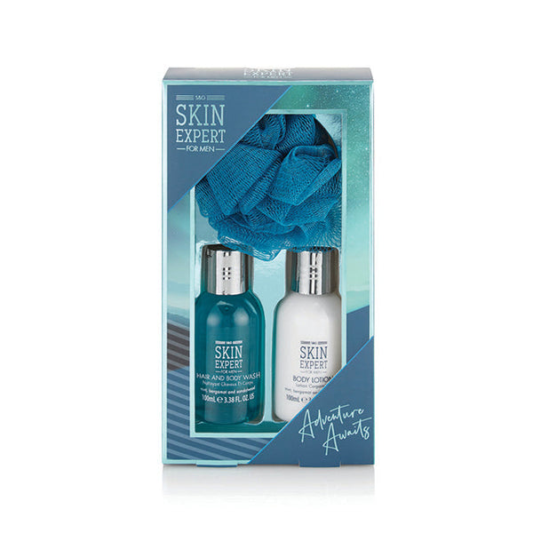Style and Grace Skin Expert Mini Shower Kit - Blue by Style and Grace for Men - 3 Pc 3.38oz Hair and Body Wash, 3.38oz Body Lotion, Shower Flower