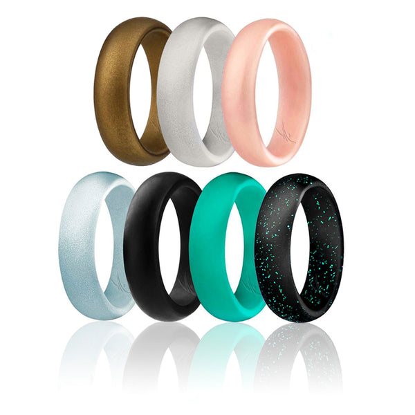 ROQ Silicone Wedding Ring - Dome Style Set by ROQ for Women - 7 x 9 mm Bronze, Ivory White, Rose Gold, Silver, Black, Turquoise, Black with Glitter Turquoise