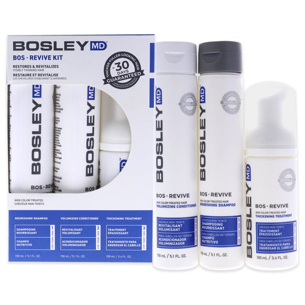 Bosley Boss Revive Non Color Treated-Hair Kit by Bosley for Unisex - 3 Pc Kit 5.1oz Nourishing Shampoo, 5.1oz Volumizing Conditioner, 3.4oz Thickening Treatment