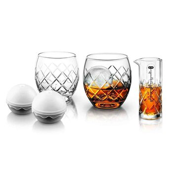 Final Touch Hand-Cut On The Rock Glasses with Ice Ball Moulds & Glass Measuring Jigger (5 Piece Set)  Fixed Size
