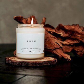 MIZU Hinoki Essential Oil Candle?225g #scent/fresh mountain air/old-growth forests/Japanese Cypress/Cedar 225g?burn for 50hrs  Fixed Size