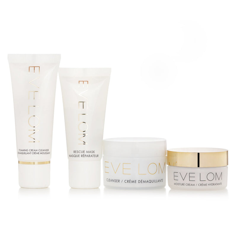 Eve Lom Glow Essentials Discovery Set: Cleanser 20ml + Foaming Cream Cleanser 20ml + Rescue Mask 15ml + Moisture Cream 15ml  4pcs