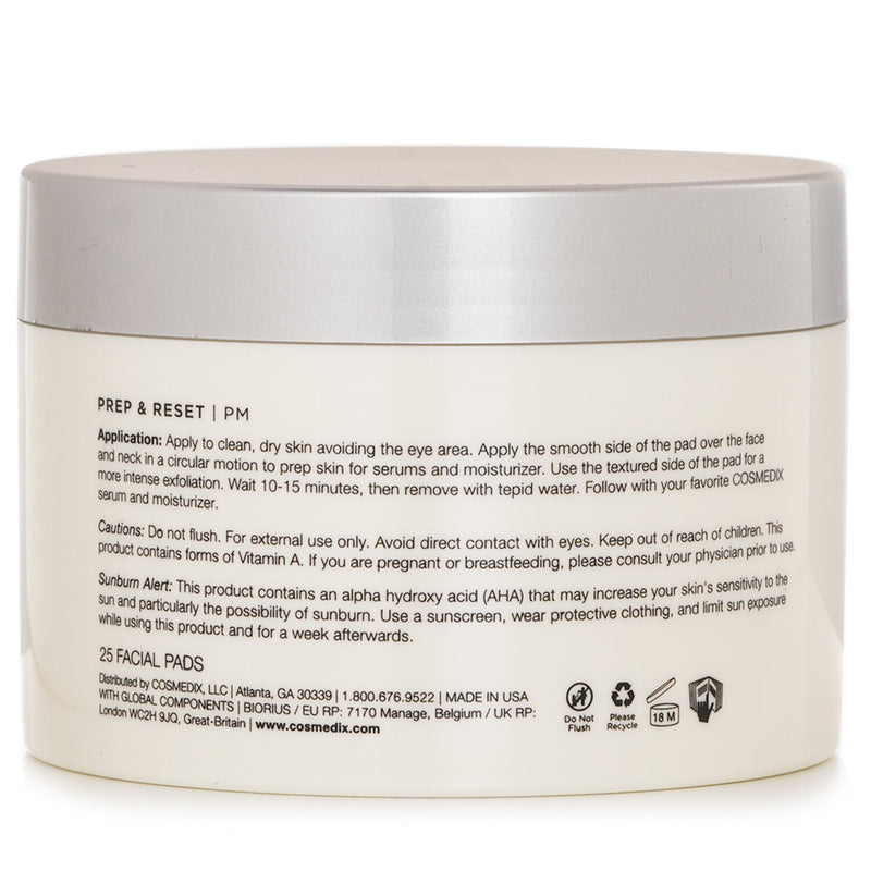 CosMedix Prep & Reset Dual Sided Lactic Acid Exfoliating Facial Pads  25 Pads