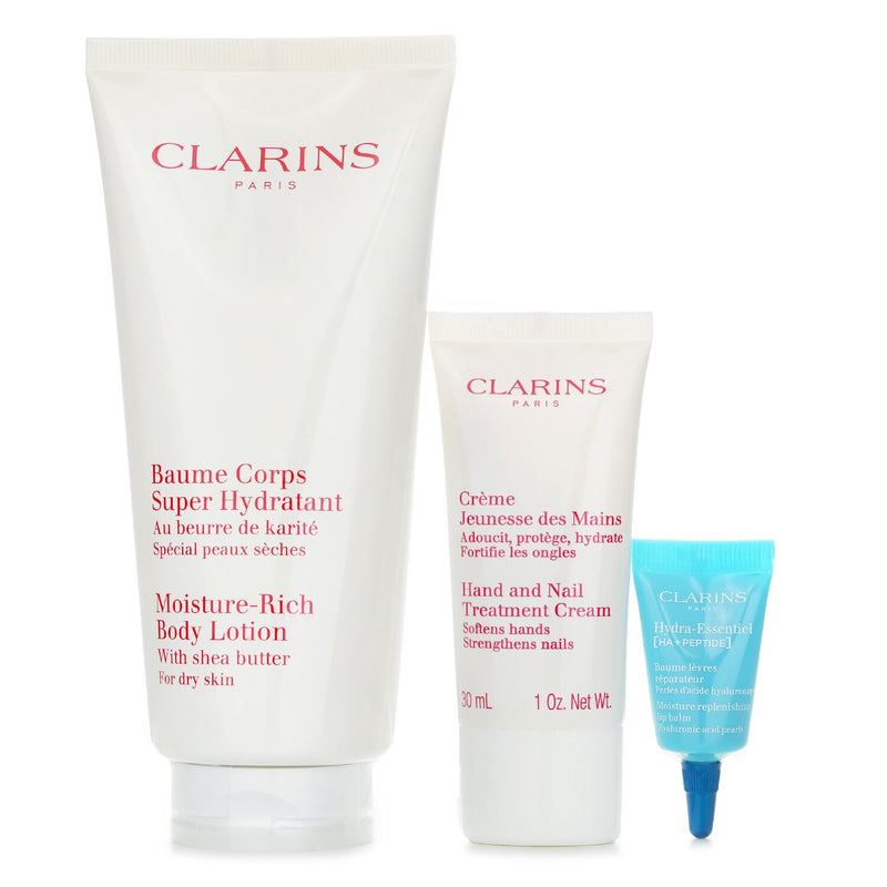 Clarins Perfect Hydration Body Set: Super Hydrating Body Balm 200ml+Youthful Hand Cream 30ml+Hydra Essentiel Reparing Lip Balm 3ml  3pcs