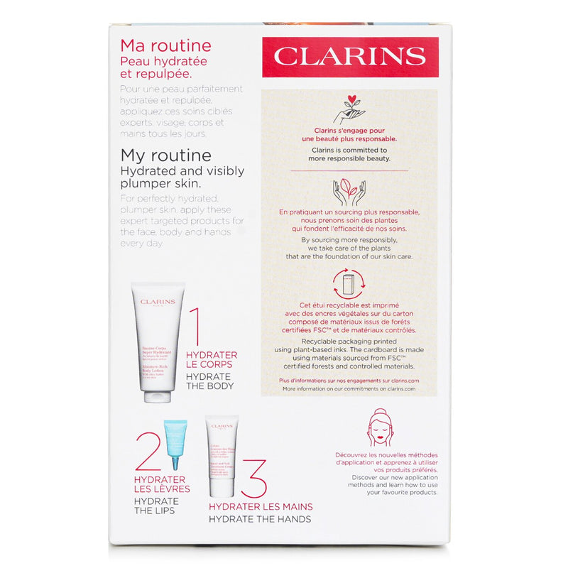 Clarins Perfect Hydration Body Set: Super Hydrating Body Balm 200ml+Youthful Hand Cream 30ml+Hydra Essentiel Reparing Lip Balm 3ml  3pcs