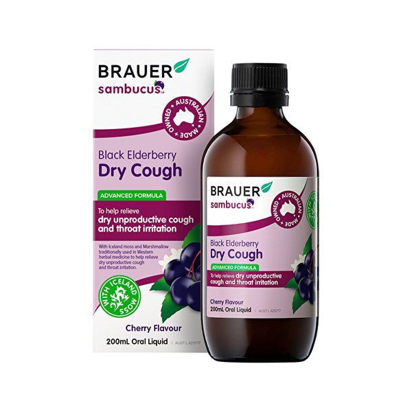 Brauer Sambucus Black Elderberry Dry Cough (Advanced Formula) Cherry Flavour Oral Liquid 200ml