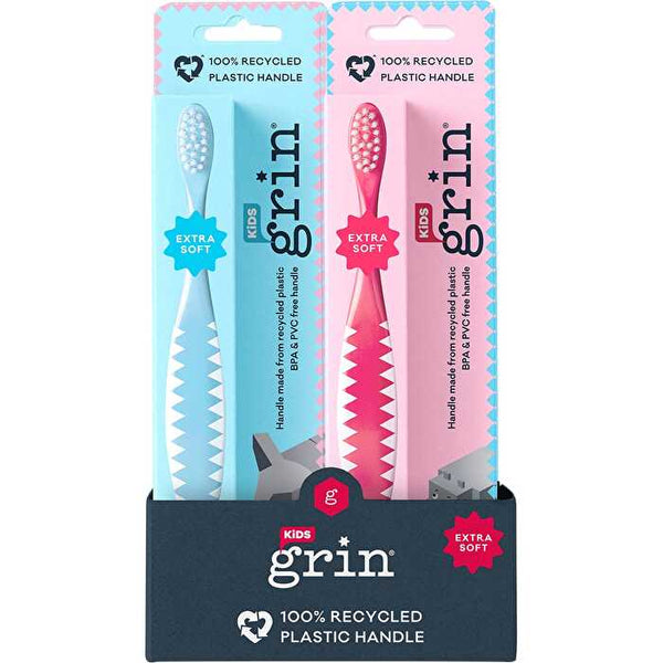 Grin 100% Recycled Toothbrush Kids Extra Soft Pink, Blue x8