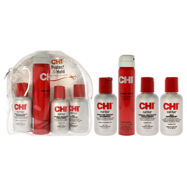 Protect And Hold On The Go Styling Kit by CHI for Unisex - 4 Pc 2oz Infra Shampoo, 2oz Infra Treatment, 2.6oz Helmet Head Hair Spray, 2oz Silk Infusion