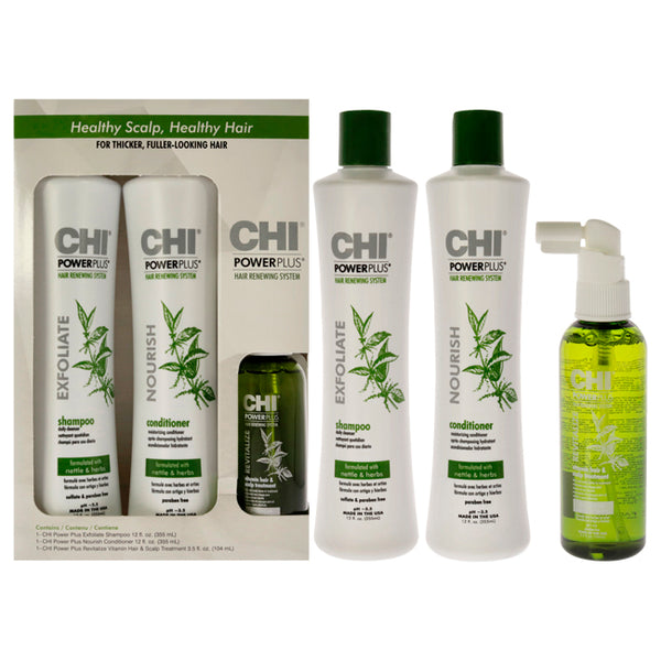 Power Plus Kit by CHI for Unisex - 3 Pc 12oz Exfoliate Shampoo, 12oz Nourish Conditioner, 3.5oz Revitalize Vitamin Hair and Scalp Treatment