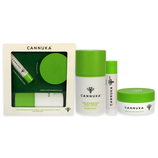 Cannuka Cannuka Travel Minis by Cannuka for Unisex - 3 Pc 0.44oz CBD Skin Balm, 1.6oz CBD Nourishing Body Cream, 0.15oz CBD Hydrating Lip Balm