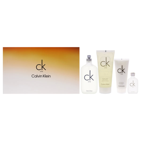 Calvin Klein CK One by Calvin Klein for Unisex - 4 Pc Gift Set 6.7oz EDT Spray, 6.7oz Skin Moisturizer, 3.3oz Body Wash, 0.5oz EDT Splash