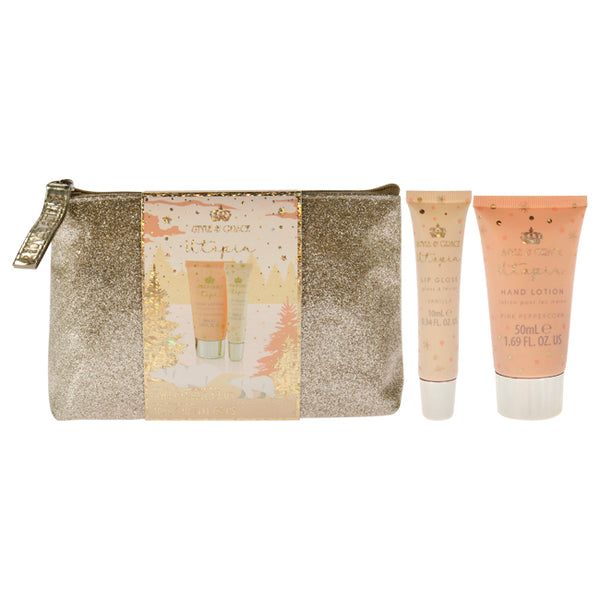 Utopia Glitter Bag Set by Style and Grace for Women - 2 Pc 1.7oz Hand Lotion, 10ml Lip Gloss, Sequin Bag
