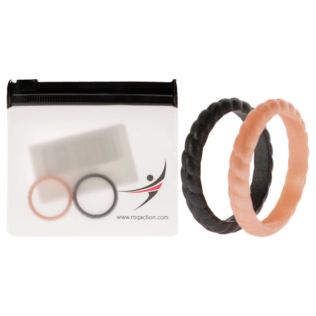 Silicone Wedding Stackble Braided Ring Set - Rose-Black by ROQ for Women - 2 x 8 mm Ring