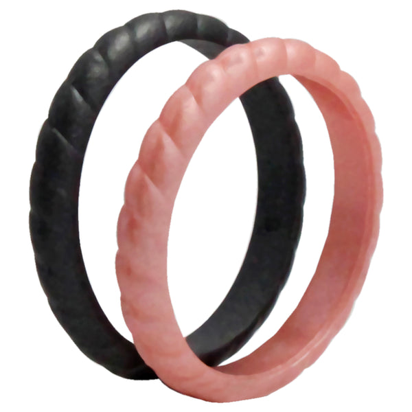 Silicone Wedding Stackble Braided Ring Set - Rose-Black by ROQ for Women - 2 x 9 mm Ring
