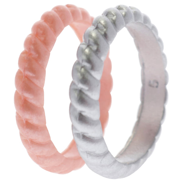 Silicone Wedding Stackble Braided Ring Set - Silver-Rose by ROQ for Women - 2 x 5 mm Ring