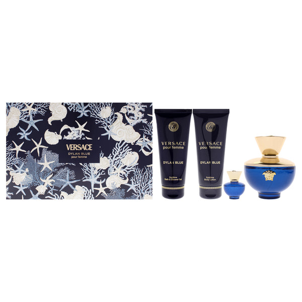 Versace Dylan Blue by Versace for Women - 4 Pc Gift Set 3.4oz EDP Spray, 0.17oz EDP Splash (Mini), 3.4oz Body Lotion, 3.4oz Bath and Shower Gel