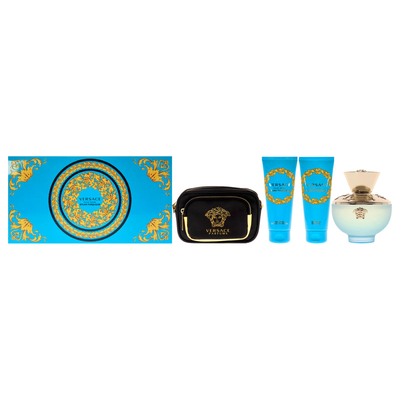Versace Dylan Turquoise by Versace for Women - 4 Pc Gift Set 3.4oz EDT Spray, 3.4oz Perfumed Body Gel, 3.4oz Perfumed Bath and Shower Gel, Pouch