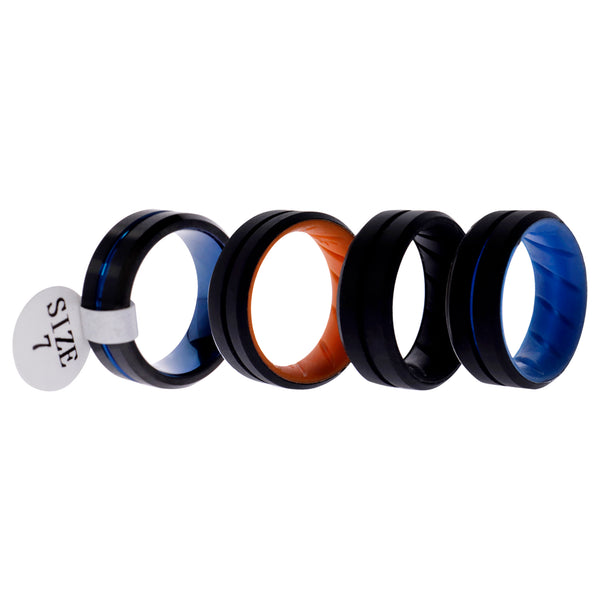 ROQ Silicone Wedding Ring Middle Line Set by ROQ for Men - 4 x 7 mm Black, Orange, Light Blue, Blue