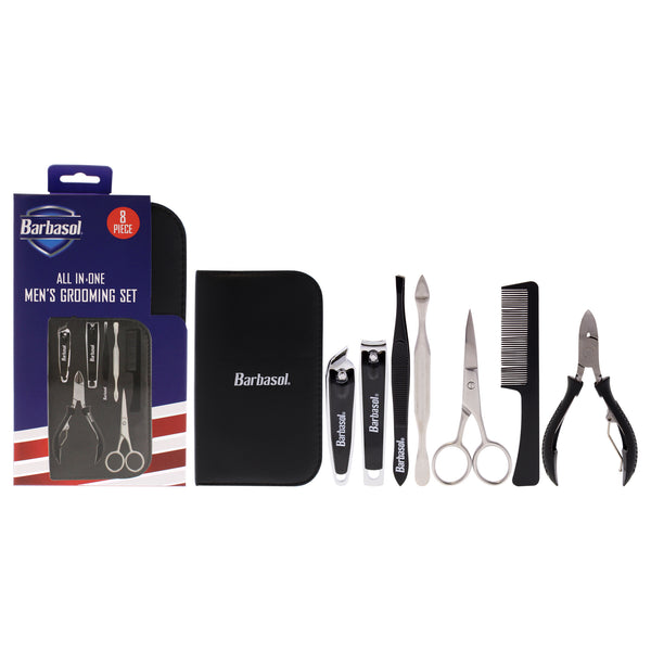 Barbasol All In One Mens Grooming by Barbasol for Men - 8 Pc Slanted Nail Clipper, Large Nail Clipper, 2Pc Cuticle Pushers, Comb, Scissors, Cuticle Nipper, Case