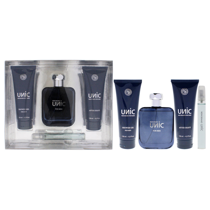 New Brand Unic by New Brand for Men - 4 Pc Gift Set 3.3oz EDT Spray, 0.5oz EDT Spray, 4.3oz Shower Gel, 4.3oz After Shave