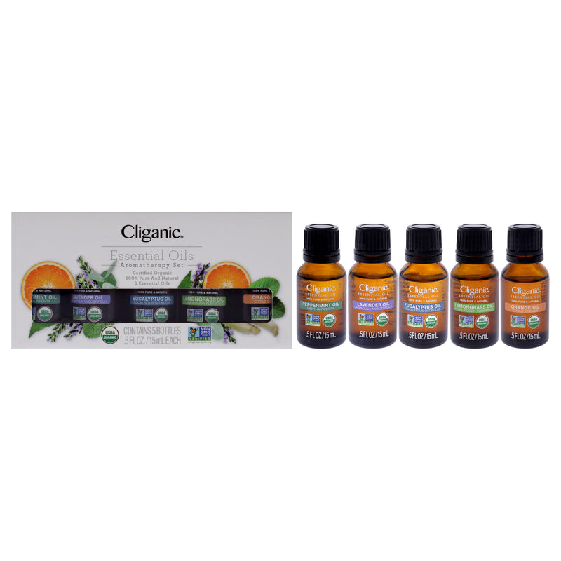 Cliganic Organic Aromatherapy Set by Cliganic for Unisex - 5 Pc 0.5oz Oil - Peppermint, 0.5oz Oil - Lavender, 0.5oz Oil - Eucalyptus, 0.5oz Oil - Lemongrass, 0.5oz Oil - Orange