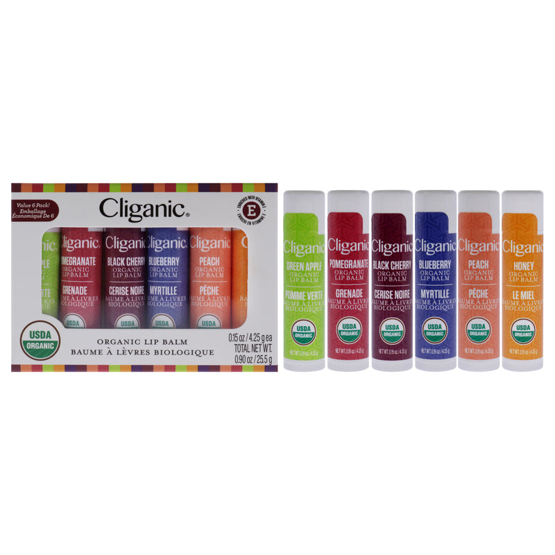 Cliganic Organic Lip Balm by Cliganic for Unisex - 6 Pc 0.15oz Lip Balm - Homey, 0.15oz Lip Balm - Green Apple, 0.15oz Lip Balm - Blueberry, 0.15oz Lip Balm - Peach, 0.15oz Lip Balm - Black Cherry, 0.15oz Lip Balm -Pomegranate