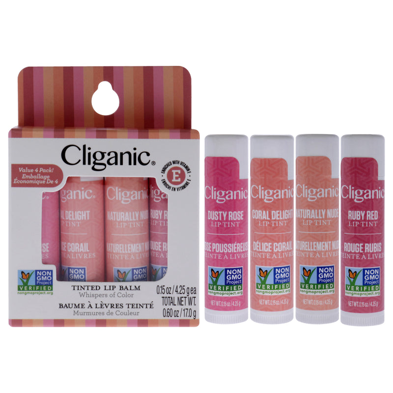 Cliganic Non-GMO Tinted Lip Balm by Cliganic for Unisex - 4 Pc 0.15oz Lip Tint - Ruby Red, Lip Tint - Dusty Rose, 0.15oz Lip Tint - Coral Delight, 0.15oz Lip Tint - Naturally Nude