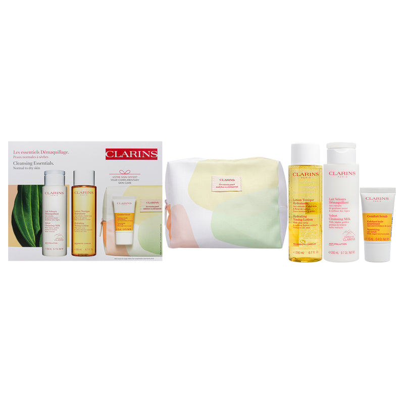 Clarins Cleansing Essentiels Set - Normal to Dry Skin by Clarins for Women - 4 Pc 6.7oz Velvet Cleansing - Milk, 6.7oz Hydrating Toning Lotion, 0.4oz Comfort Scrub, Beauty Purse