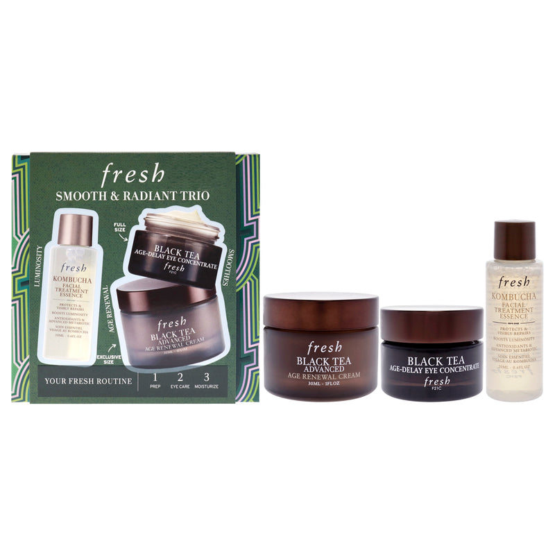 Fresh Smooth And Radiant Trio by Fresh for Women - 3 Pc 0.6oz Facial Treatment Essence - Kombucha, 0.5oz Age Delay Eye Concentrate - Black Tea, 1oz Advanced Age Renewal Cream - Black Tea