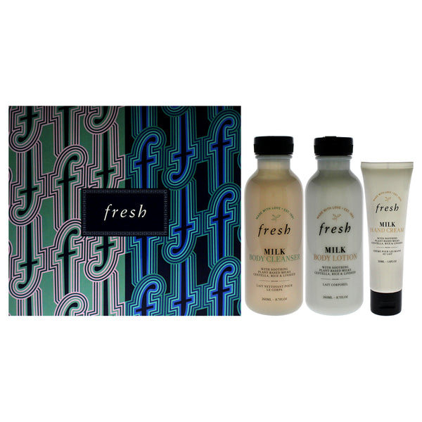 Fresh Heat to Toe Nourishing Trio by Fresh for Women - 3 Pc 8.7oz Body Cleanser - Milk, 8.7oz Body Lotion - Milk, 1.6oz Hand Cream - Milk