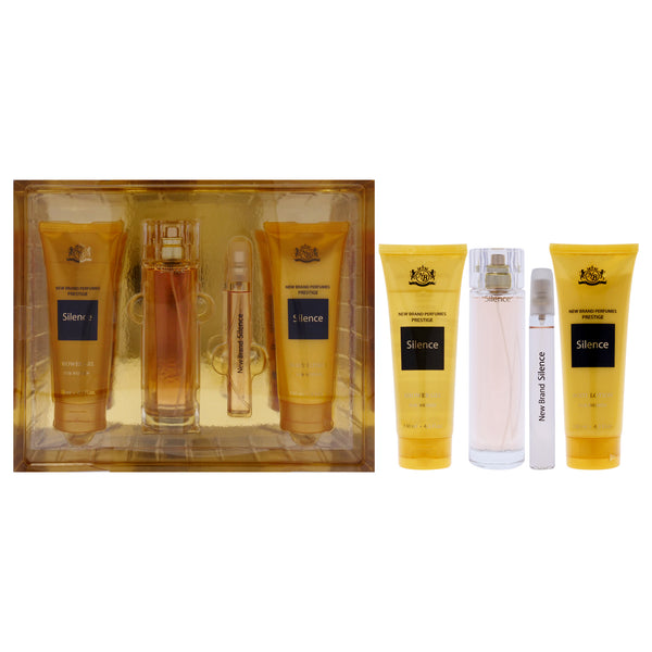 New Brand Prestige Silence by New Brand for Women - 4 Pc Gift Set 3.3oz EDP Spray, 0.5oz EDP Spray, 4.3oz Shower Gel, 4.3oz Body Lotion