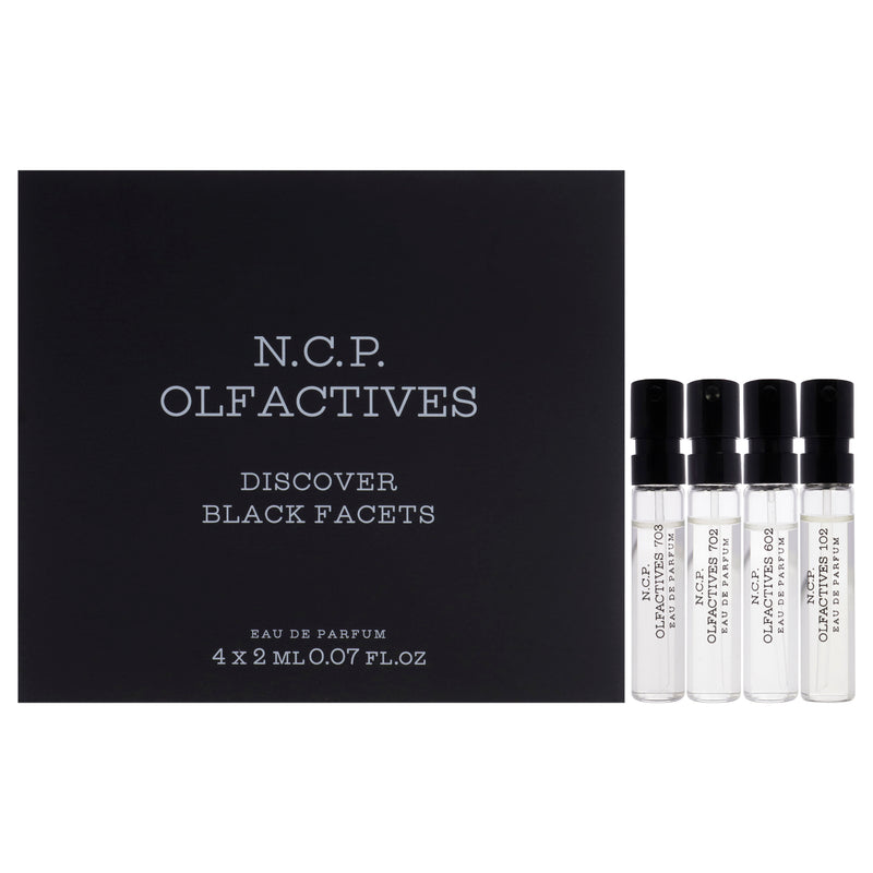 NCP Discover Black Facets Kit by NCP for Unisex - 4 x 2 ml Olfactive Facet - 102 Ginger and Lime EDP Spray, Olfactive Facet - 602 Sandalwood and Cedarwood EDP Spray, Olfactive Facet - 702 Musk and Amber EDP Spray, Olfactive Facet - 703 Tonka Bean and Moka