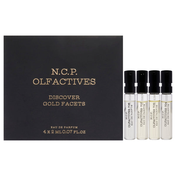 NCP Discover Gold Facets Kit by NCP for Unisex - 4 x 2 ml Olfactive Facet - 704 Incense and musk EDP Spray, Olfactive Facet - 705 Leather and oud EDP Spray, Olfactive Facet - 706 Saffron and oud EDP Spray, Olfactive Facet - 707 Patchouli and oud EDP Spray