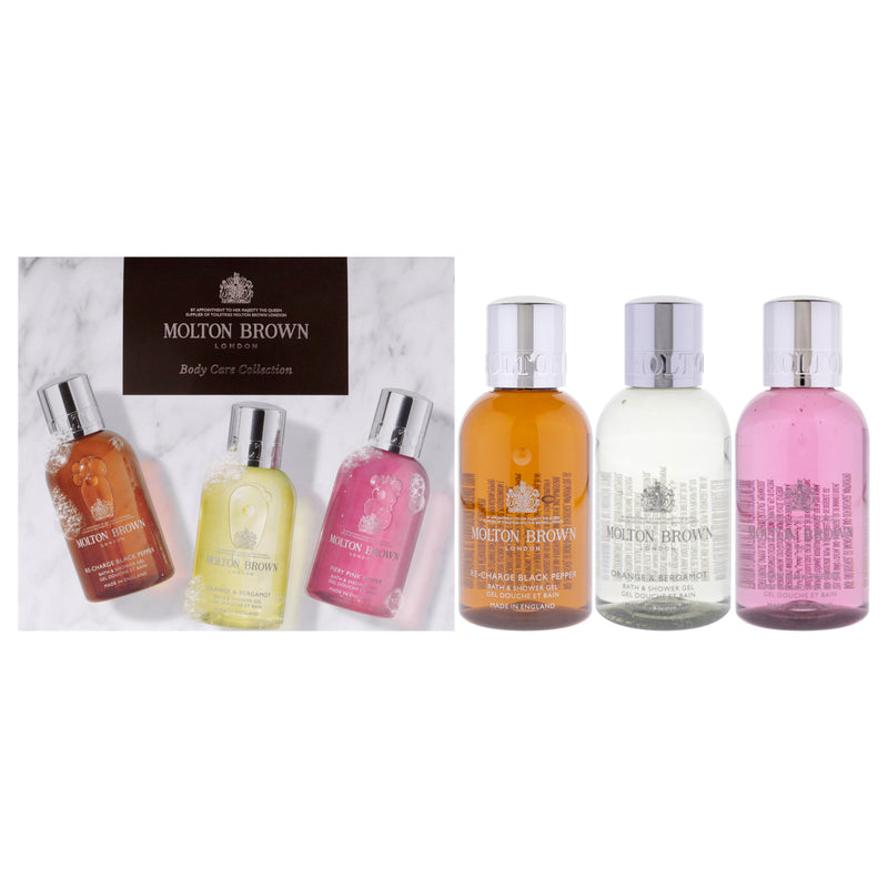 Molton Brown Spicy and Cytrus Body Care Collection Set by Molton Brown for Unisex - 3 Pc 3.3oz Re-Charge Black Pepper Bath and Shower Gel, 3.3oz Orange and Bergamot Bath and Shower Gel, 3.3oz Fiery Pink Pepper Bath and Shower Gel