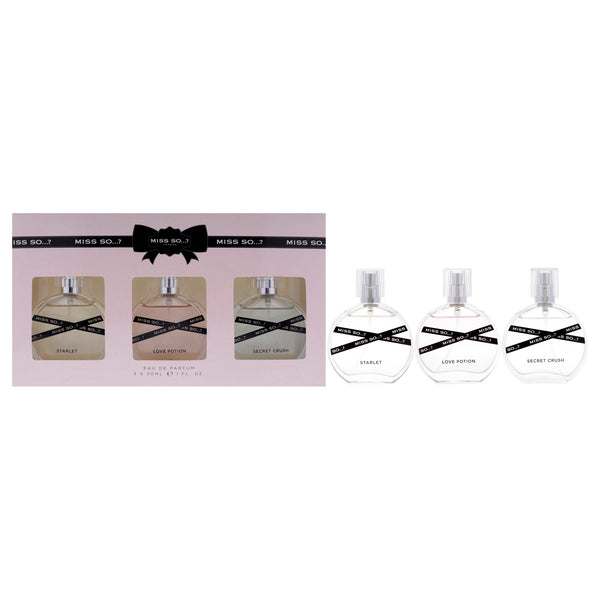 So…? Miss So Set by So…? for Women - 3 Pc Gift Set 1oz Starlet EDP Spray, 1oz Love Potion EDP Spray, 1oz Secret Crush EDP Spray