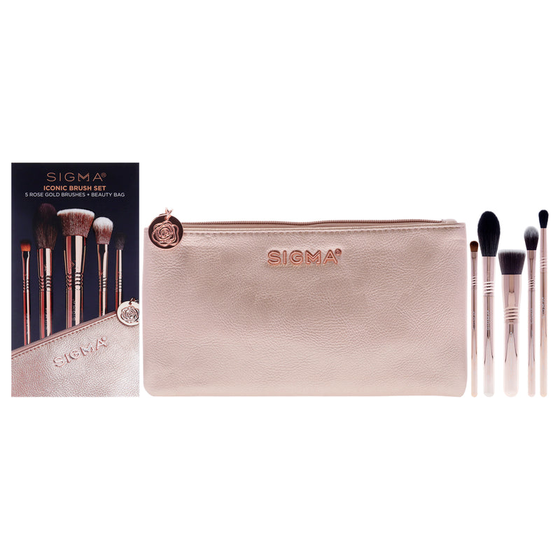 SIGMA Iconic Brush Set - Rose Gold by SIGMA for Women - 6 Pc Flat Kabuki Brush - F80, Spotlight Duster Brush - F37, Diffused Crease - E38, Medium Sweeper Brush - E54, High Cheekbone Highlighter Brush - F03, Bag