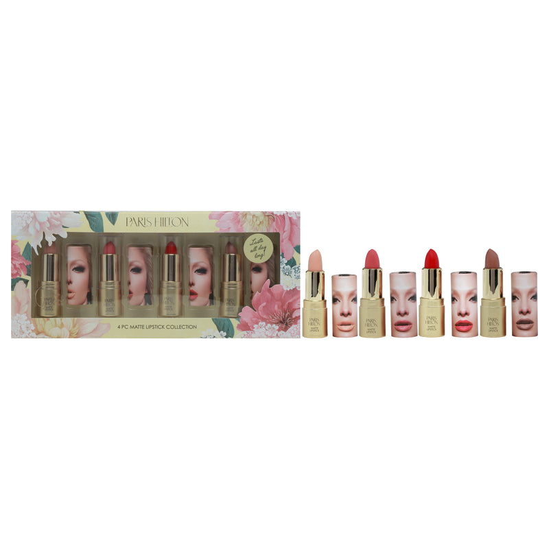 Paris Hilton Cosmetics Matte Lipstick Collection by Paris Hilton Cosmetics for Women - 4 Pc 0.12oz Bombshell Matte Lipstick, 0.12oz Brave Matte Lipstick, 0.12oz First Love Matte Lipstick, 0.12oz Diva Matte Lipstick