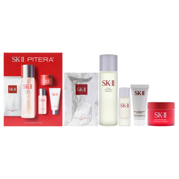 SK II Cult Favorites Skincare Set by SK-II for Women - 5 Pc 0.57oz Facial Treatment Cleanser, 1oz Facial Treatment Clear Lotion, 5.4oz Facial Treatment Essence, 0.49oz Skinpower Advanced Cream, 1 Facial Treatment Mask