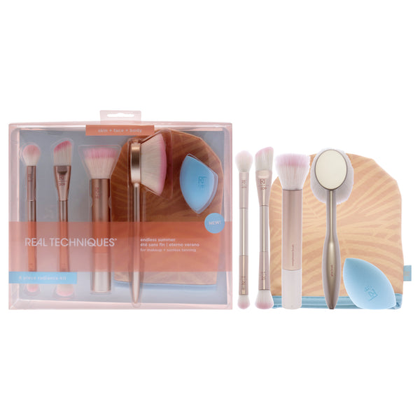 Real Techniques Endless Summer Makeup Brush Set by Real Techniques for Women - 8 Pc Foundation Brush - 209, Highlighter Brush - 413, Setting Brush - 402, Deluxe Crease Brush - 300, Glow Brush - 248, Complexion Brush - 247, Sunless Tanning Mitt