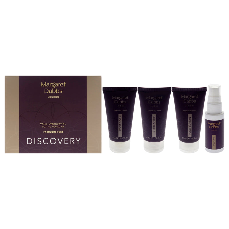 Margaret Dabbs Feet Discovery Kit by Margaret Dabbs for Unisex - 4 Pc 1.52oz Hydrating Foot Soak, 1.52oz Exfoliating Foot Scrub, 1.52oz Intensive Hydrating Foot Lotion, 1oz Intensive Treatment Foot