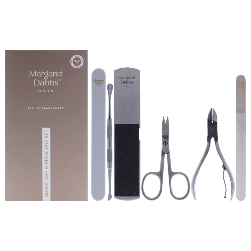 Margaret Dabbs Manicure and Pedicure Set by Margaret Dabbs for Unisex - 6 Pc Foot File, Crystal Nail File, Super Shiner Buffer, Cuticle Pusher, Nail Scissors, Curved Toe Nail Clipper