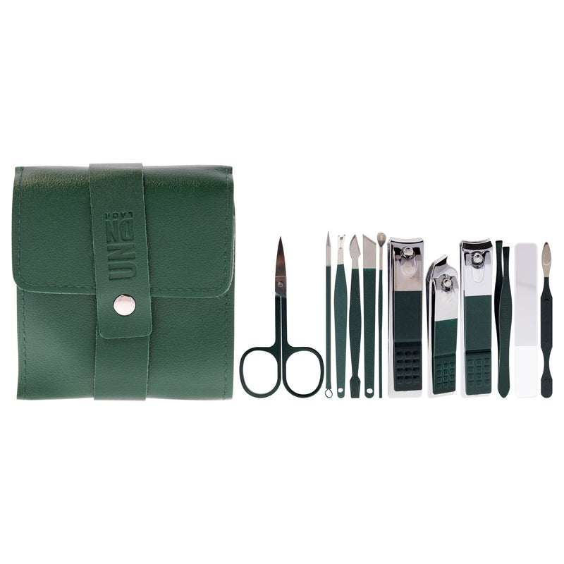 UNDN Manicure Set - Dark Green by UNDN for Women - 12 Pc Micro Scissors, 3Pc Clippers, Glass File, Tweezers, 1Pc Looped Lancet, Ear Cleaner, Small Nail Cleaner, Large Nail Cleaner, Cuticle Remover, Pedicure Knife