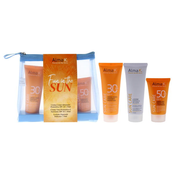 Alma K Fun in The Sun Set by Alma K for Unisex - 3 Pc 1oz Crema Viso Protettiva and Nutriente SPF 50, 2.5oz Crema Corpo Idratante Protettiva SPF 30, 2.5oz Lozione Doposole Delicata