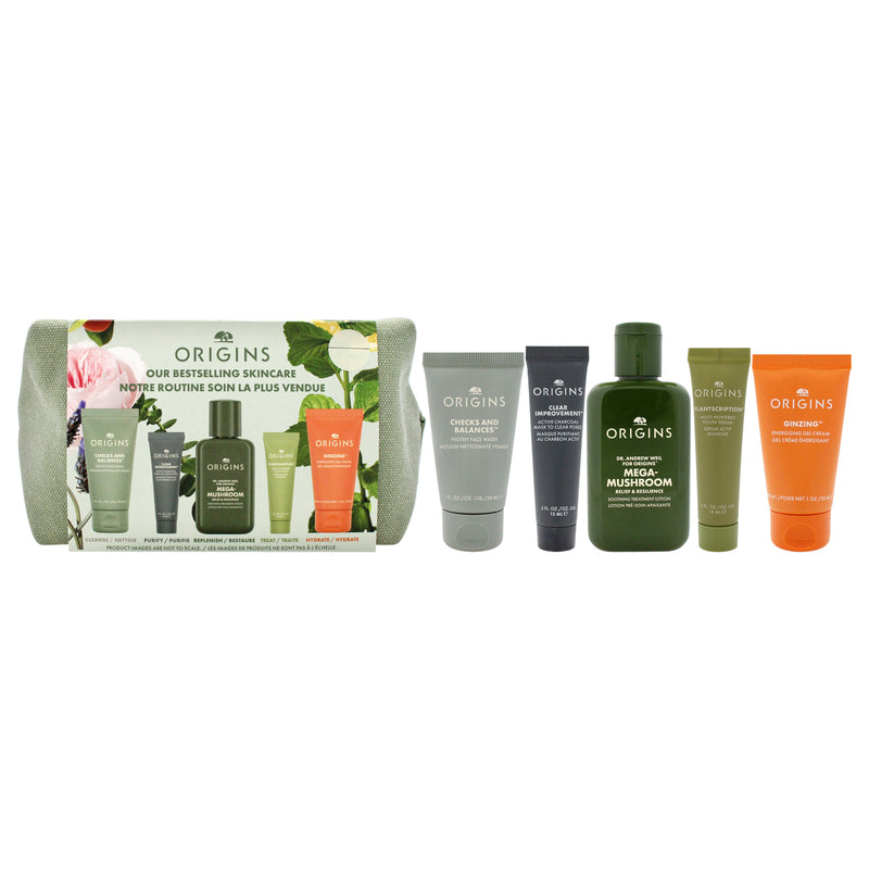 Origins Best Sellers Set by Origins for Women - 5 Pc 1oz Checks and Balances Frothy Face Wash, 3.8oz Mega Mushroom Relief and Resilience Soothing Treatment Lotion, 0.5oz Clear Improvement Active Charcoal Face Mask,1.62oz Plantscription Multi-Powered Yout