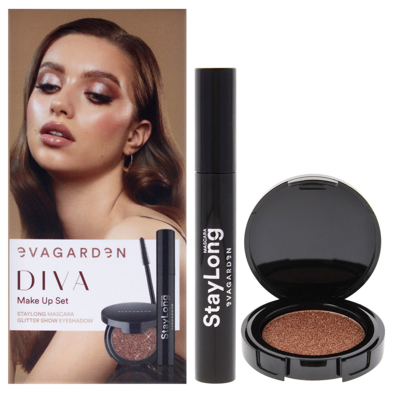 Diva Make Up Set by Evagarden for Women - 2 Pc 0.28 oz Staylong Mascara - 23, 0.08 oz Glitter Show Eye Shadow - 251 Think Pink