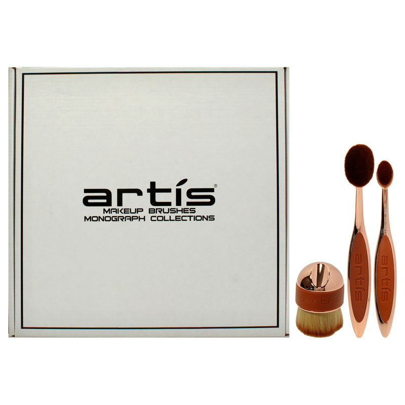 Elite 3 Brush Set - Rose Gold by Artis for Women - 3 Pc Elite Collection Oval Brush 6 - Rose Gold, Elite Collection Oval Brush 4 - Rose Gold , Palm Brush Mini - Rose Gold, Travel Case Large - Black