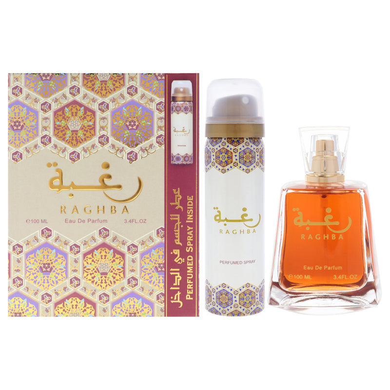 Lattafa Raghba by Lattafa for Unisex - 2 Pc Gift Set 3.4oz EDP Spray, 1.7oz Perfumed Spray