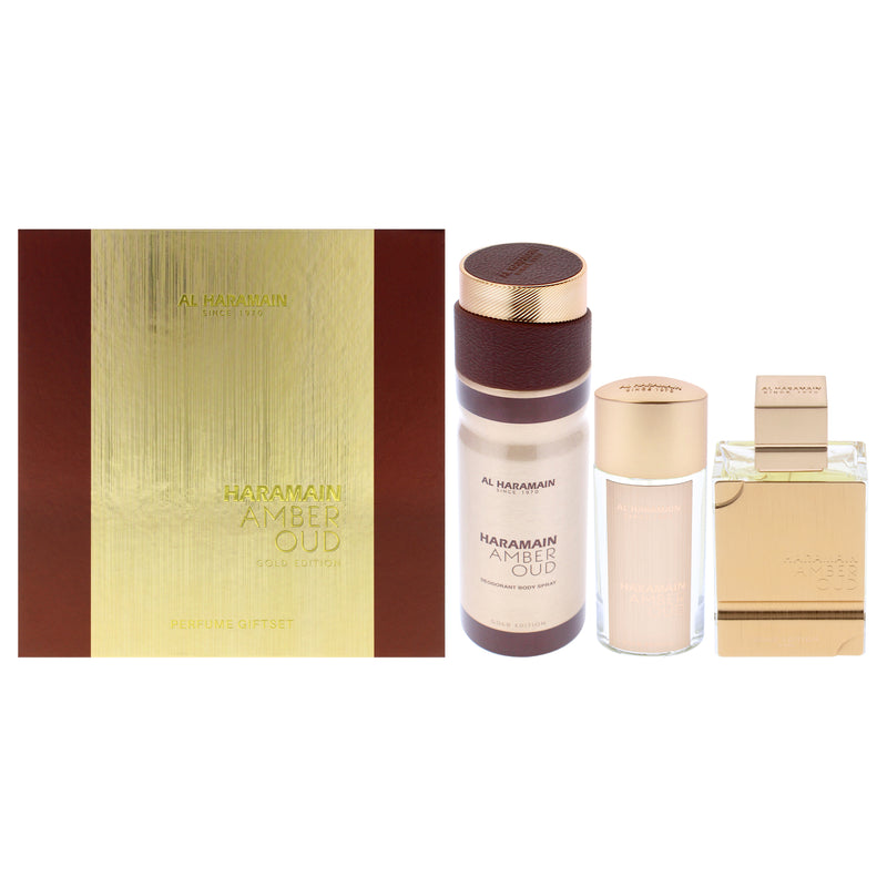 Al Haramain Amber Oud - Gold Edition by Al Haramain for Unisex - 3 Pc Gift Set 2.5oz EDP Spray, 1oz EDP Spray, 6.6oz Body Spray